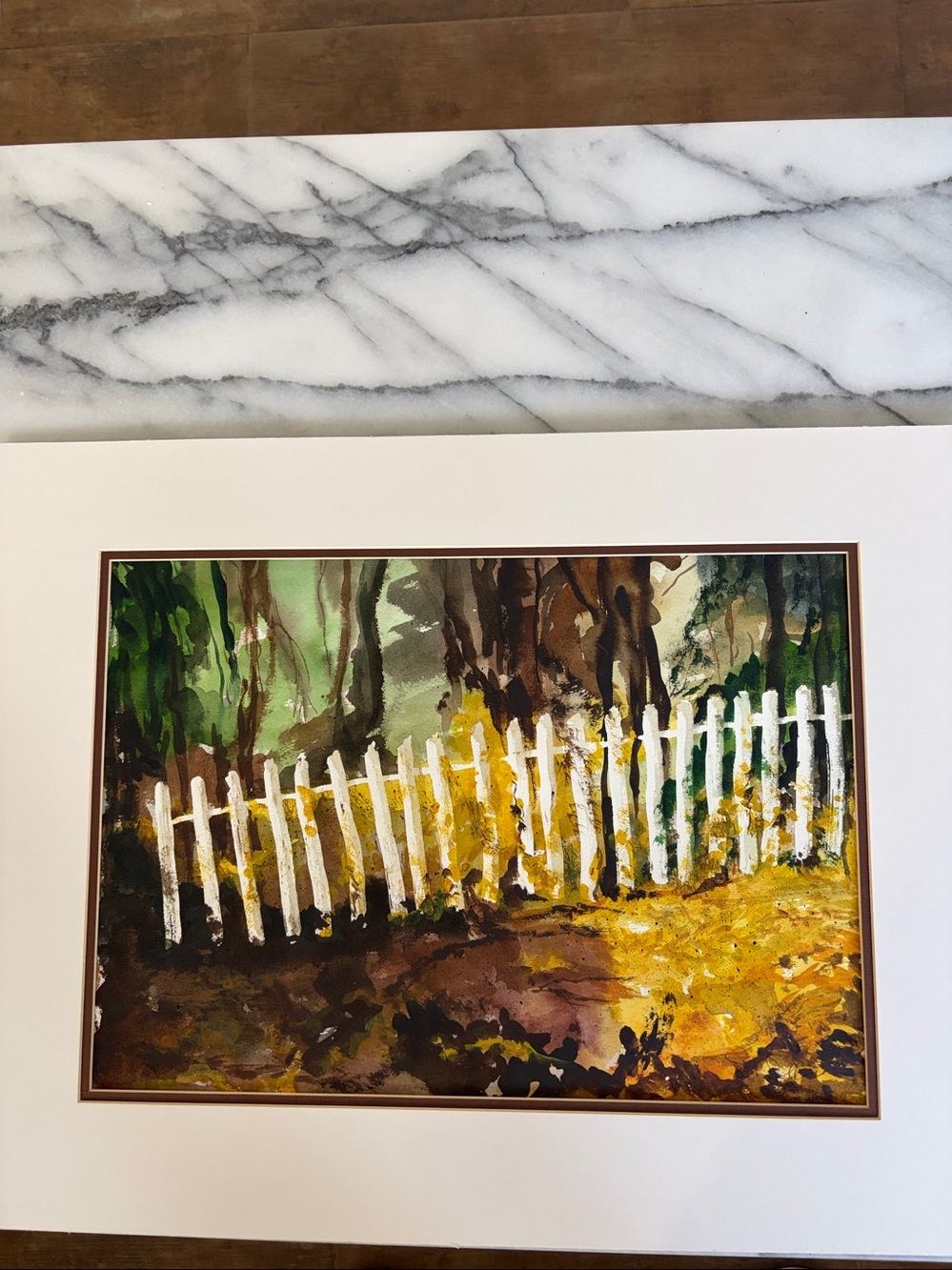 Framed White Fence Woodland painting  Landscape